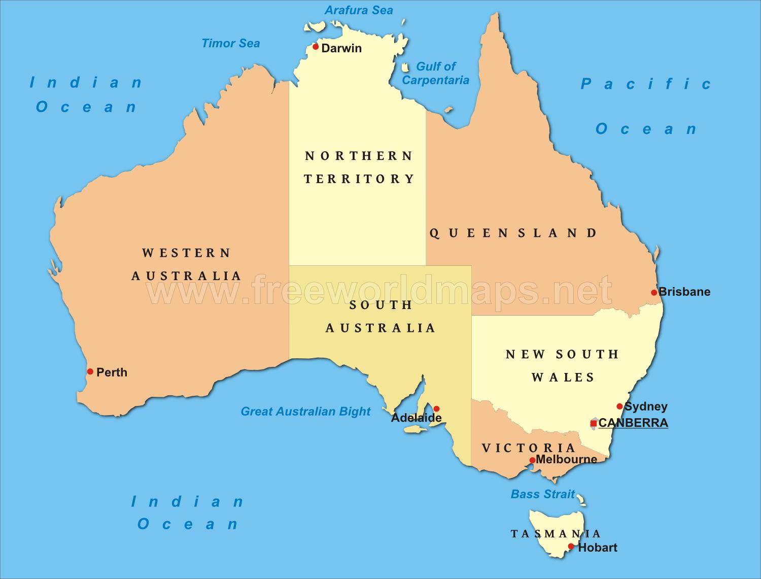 Australia major cities map - Map of Australia with major cities ...